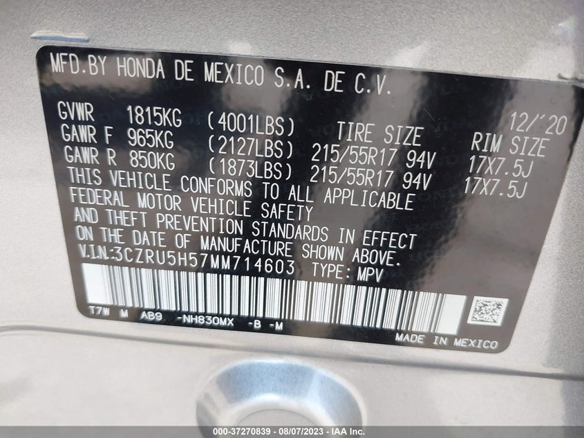 VIN 3CZRU5H57MM714603 2021 HONDA HR-V EX