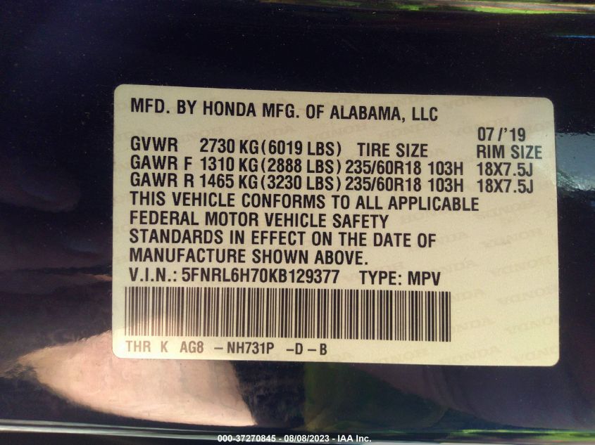2019 HONDA ODYSSEY EX-L - 5FNRL6H70KB129377