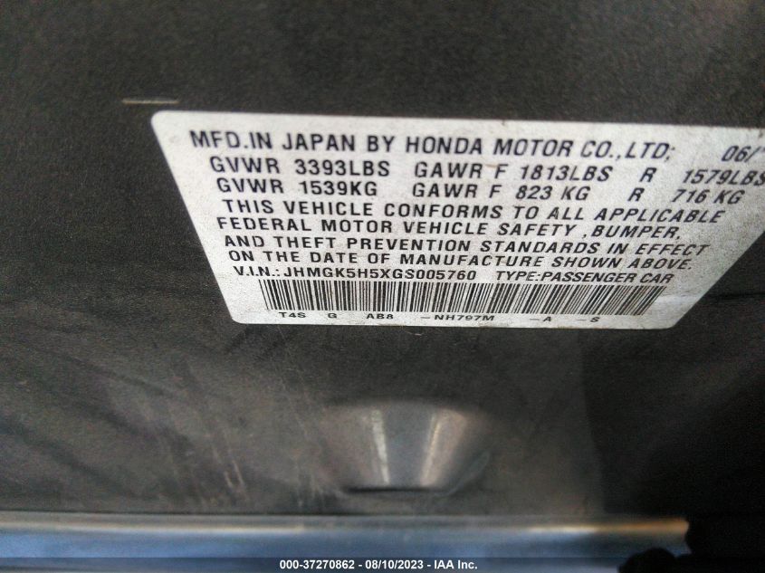2016 HONDA FIT LX - 0JHMGK5H5XGS00576