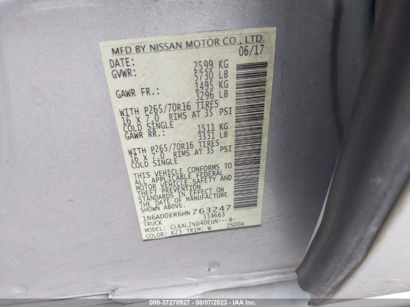 2017 NISSAN FRONTIER SV V6 - 1N6AD0ER6HN763247
