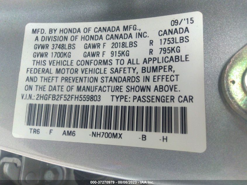 2015 HONDA CIVIC SEDAN LX - 2HGFB2F52FH559803