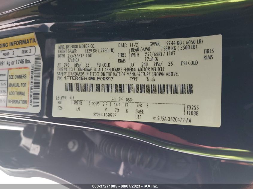 2021 FORD RANGER XL/XLT/LARIAT - 1FTER4EH3MLE00897