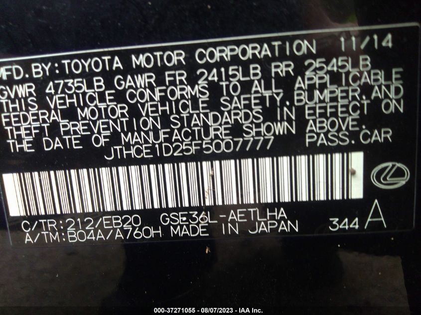 2015 LEXUS IS 350 - JTHCE1D25F5007777