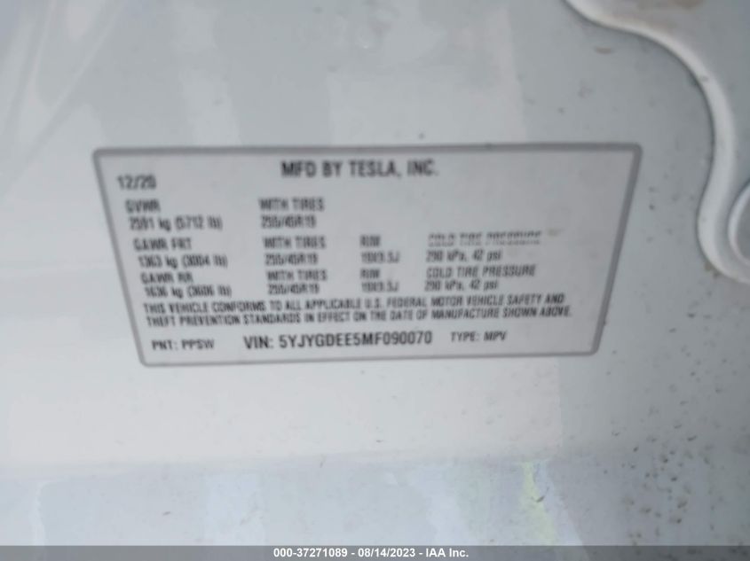 2021 TESLA MODEL Y - 5YJYGDEE5MF090070