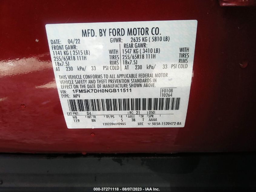2022 FORD EXPLORER XLT - 1FMSK7DH0NGB11511