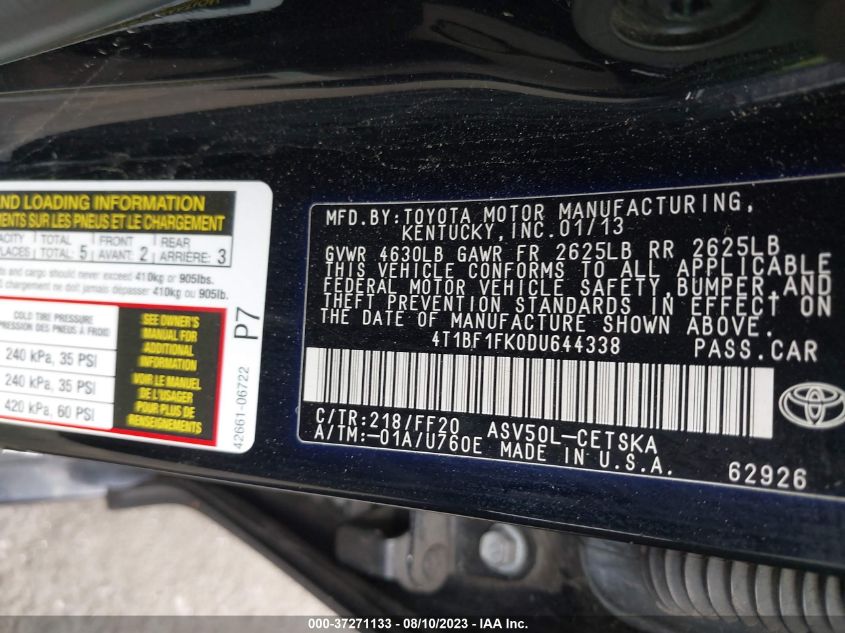 2013 TOYOTA CAMRY L/LE/SE/XLE - 4T1BF1FK0DU644338