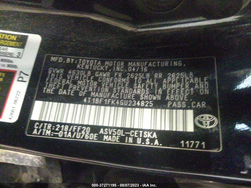 2016 TOYOTA CAMRY SE - 4T1BF1FK4GU234825