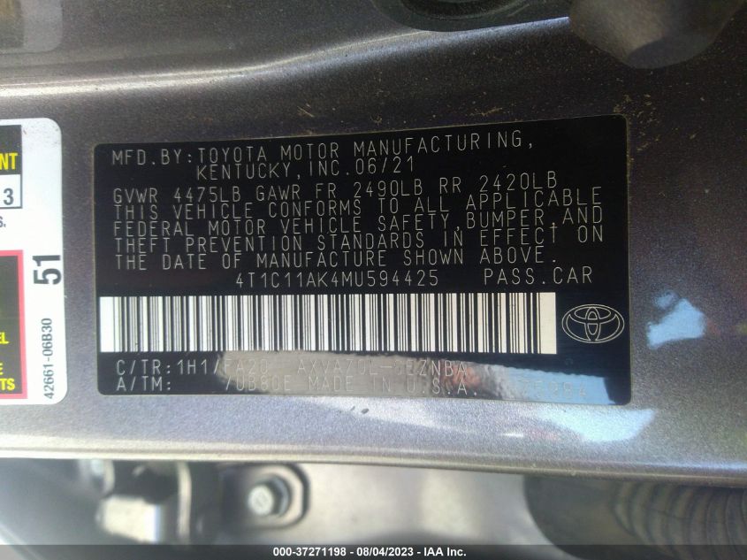 2021 TOYOTA CAMRY LE - 4T1C11AK4MU594425
