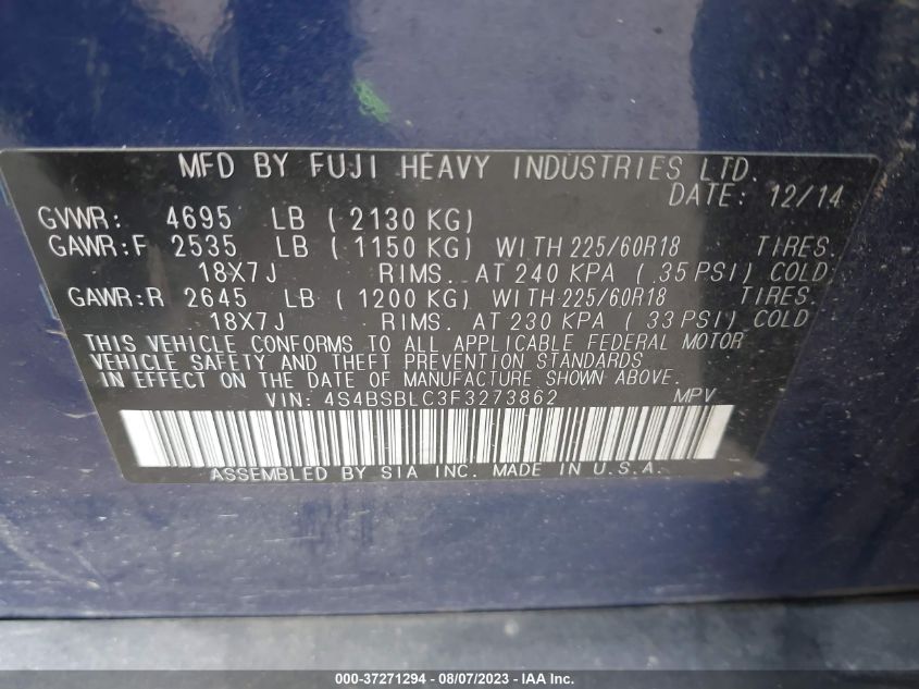 2015 SUBARU OUTBACK 2.5I LIMITED - 4S4BSBLC3F3273862