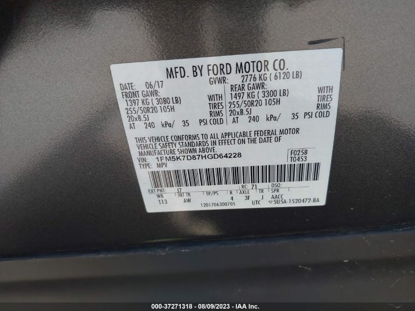 2017 FORD EXPLORER XLT - 1FM5K7D87HGD64228