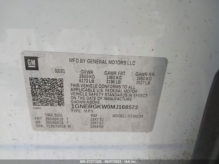 2021 CHEVROLET TRAVERSE LT CLOTH - 1GNERGKW0MJ168573