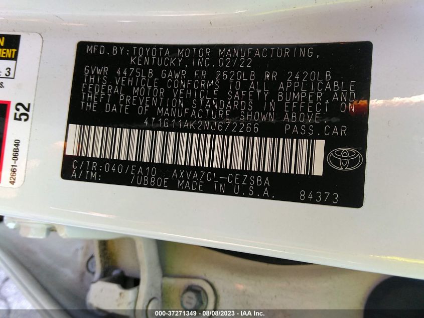 2022 TOYOTA CAMRY SE - 4T1G11AK2NU672266