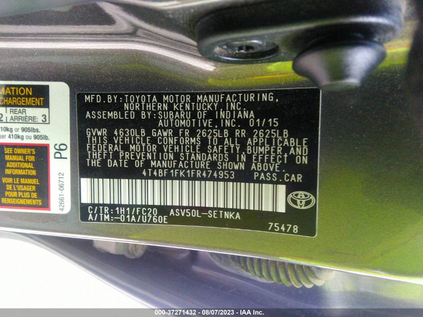 2015 TOYOTA CAMRY XLE/SE/LE/XSE - 4T4BF1FK1FR474953