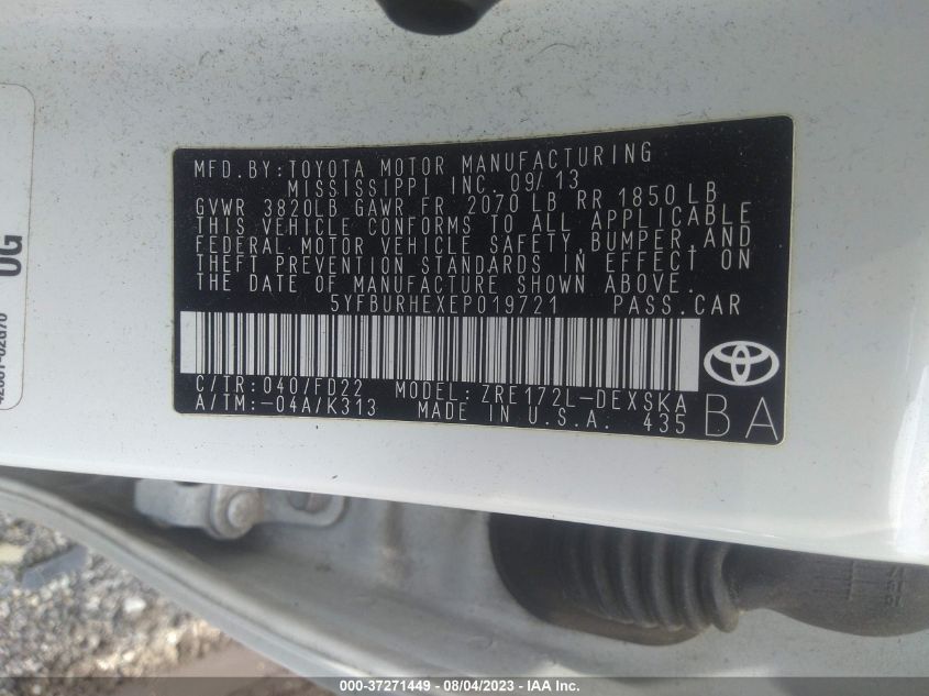 2014 TOYOTA COROLLA L/LE/S/S PLUS/LE PLUS - 5YFBURHEXEP019721