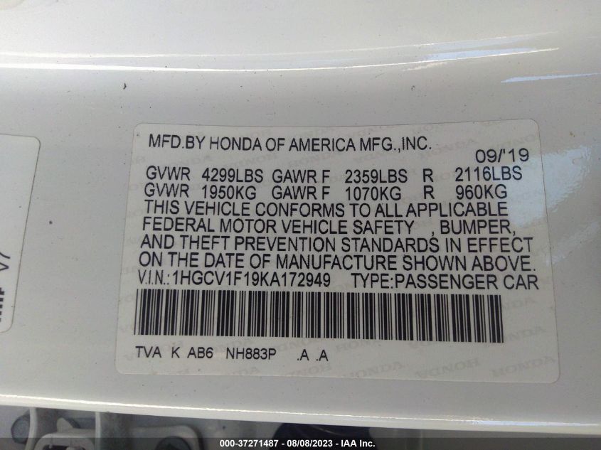 1HGCV1F19KA172949 Honda Accord Sedan LX 1.5T 9