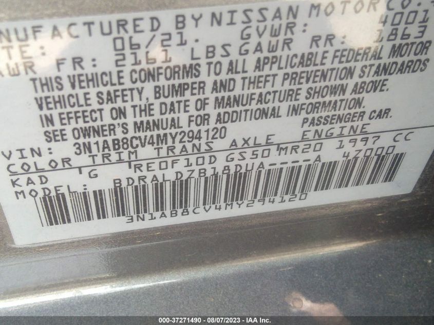 2021 NISSAN SENTRA SV - 3N1AB8CV4MY294120
