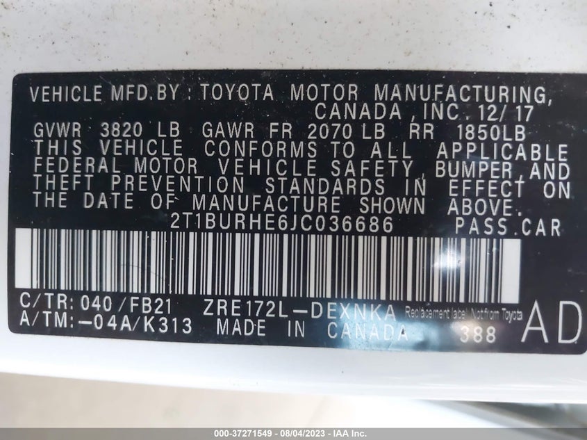 VIN 2T1BURHE6JC036686 2018 TOYOTA COROLLA LE