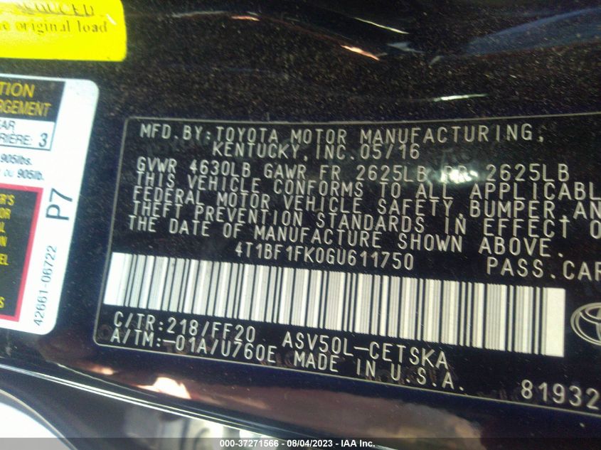 2016 TOYOTA CAMRY XLE/SE/LE/XSE - 4T1BF1FK0GU611750