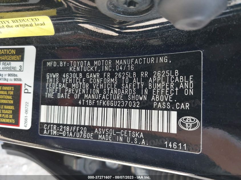 2016 TOYOTA CAMRY XLE/SE/LE/XSE - 4T1BF1FK6GU237032