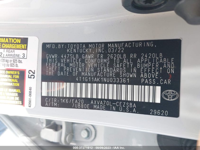 2022 TOYOTA CAMRY SE - 4T1G11AK1NU033361