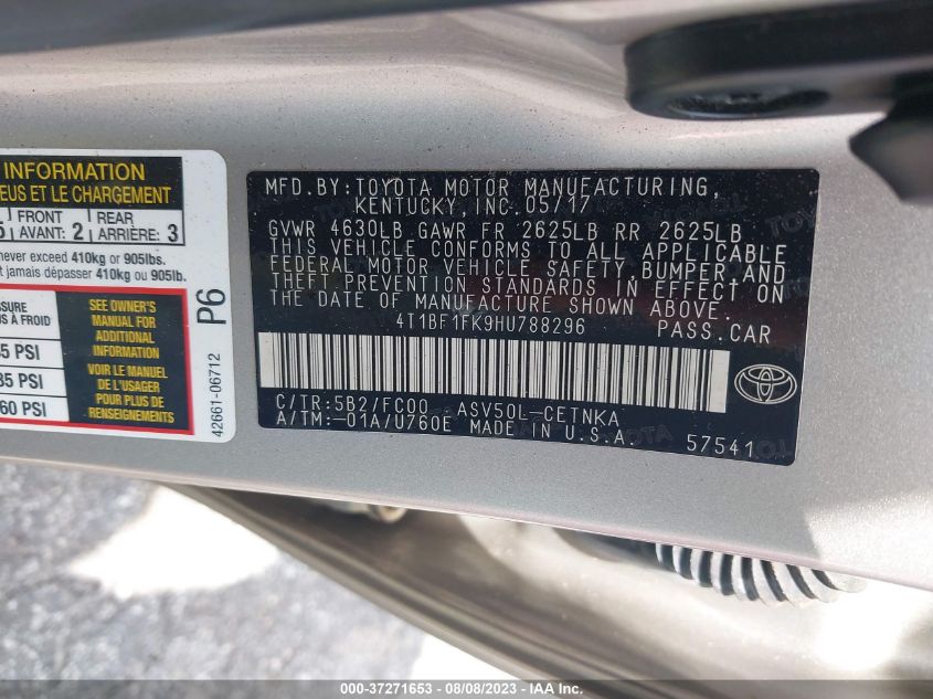 2017 TOYOTA CAMRY XLE/SE/LE/XSE - 4T1BF1FK9HU788296