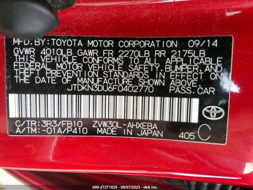 2015 TOYOTA PRIUS FOUR - JTDKN3DU6F0402770