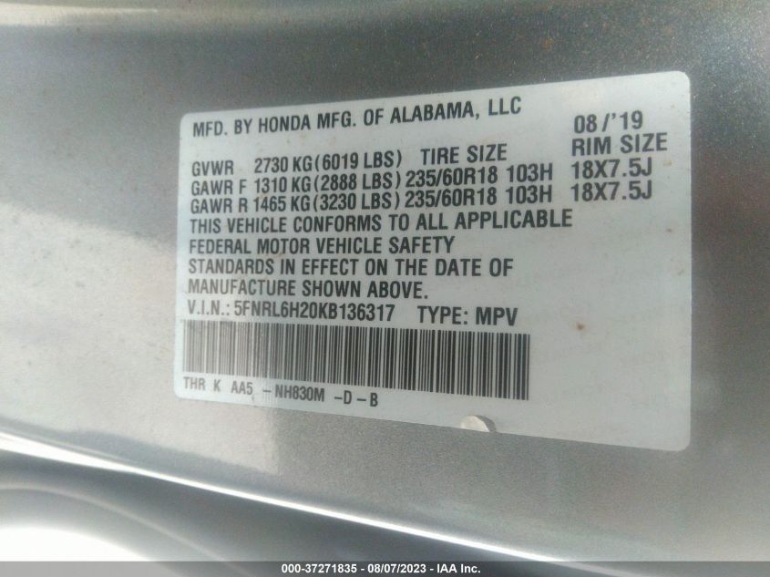2019 HONDA ODYSSEY LX - 5FNRL6H20KB136317