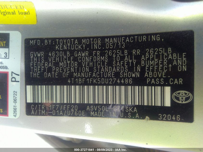 2013 TOYOTA CAMRY L/LE/SE/XLE - 4T1BF1FK5DU274486
