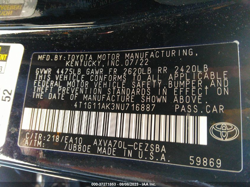 2022 TOYOTA CAMRY SE - 4T1G11AK3NU716887