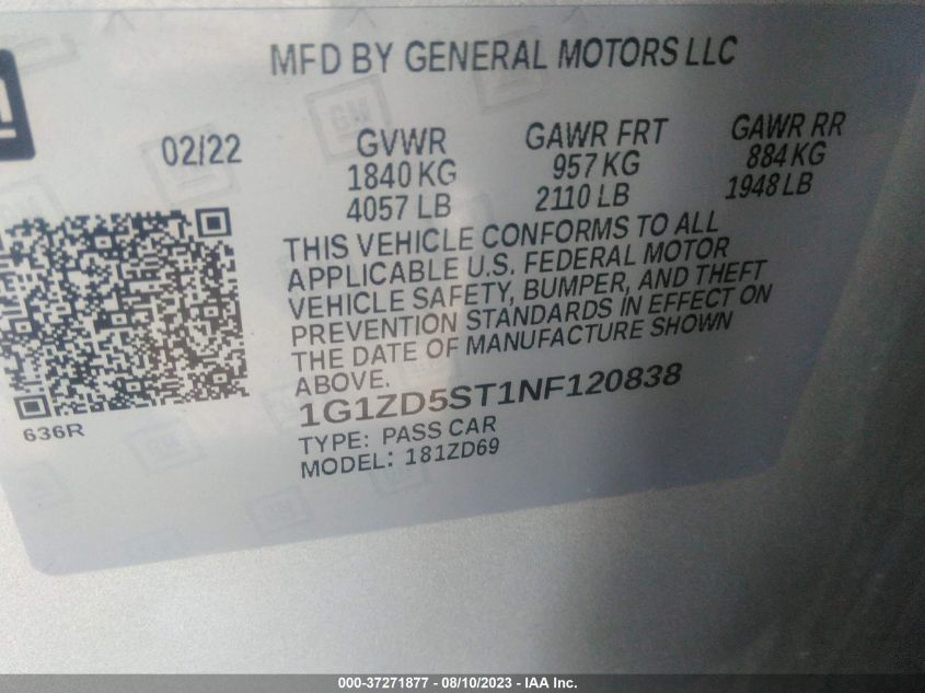 2022 CHEVROLET MALIBU LT - 1G1ZD5ST1NF120838