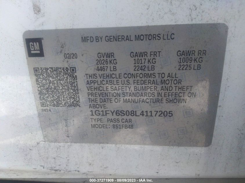 2020 CHEVROLET BOLT EV LT - 1G1FY6S08L4117205