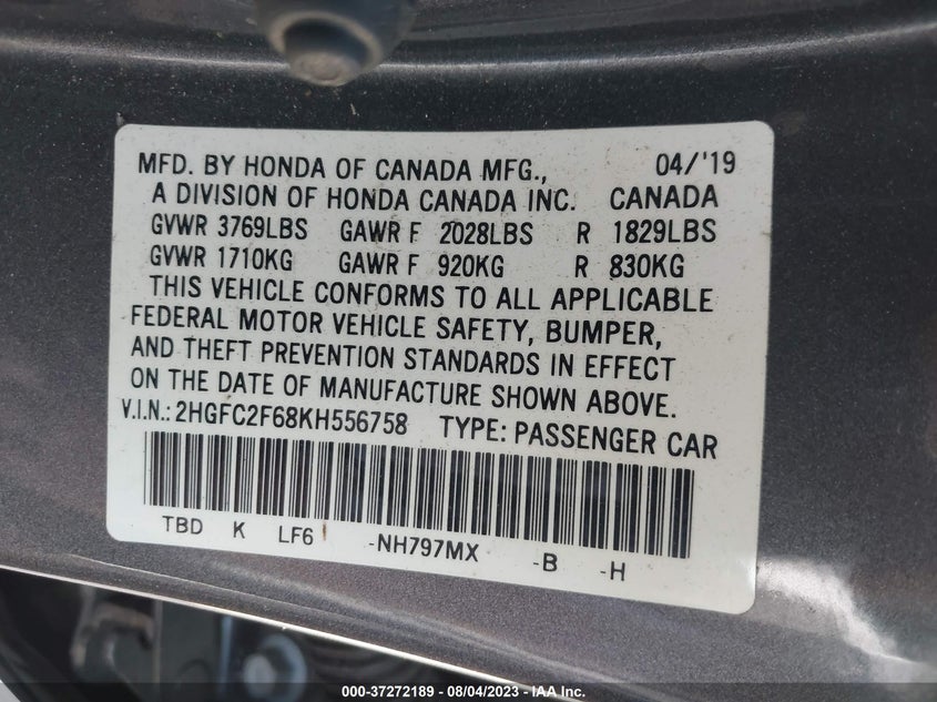 VIN 2HGFC2F68KH556758 2019 HONDA CIVIC SEDAN LX