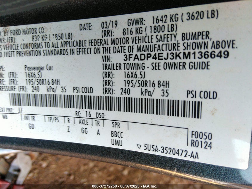 VIN 3FADP4EJ3KM136649 2019 FORD FIESTA SE