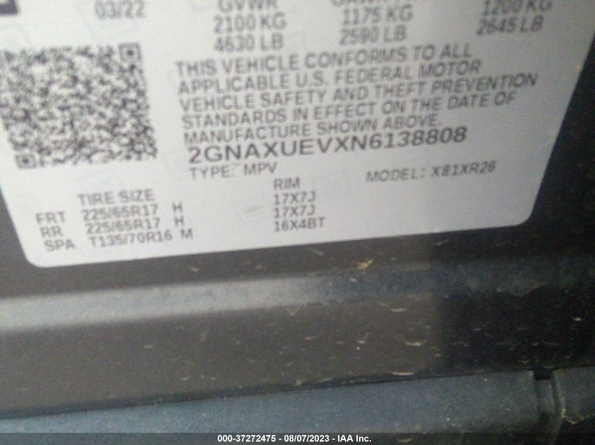 2022 CHEVROLET EQUINOX LT - 2GNAXUEVXN6138808