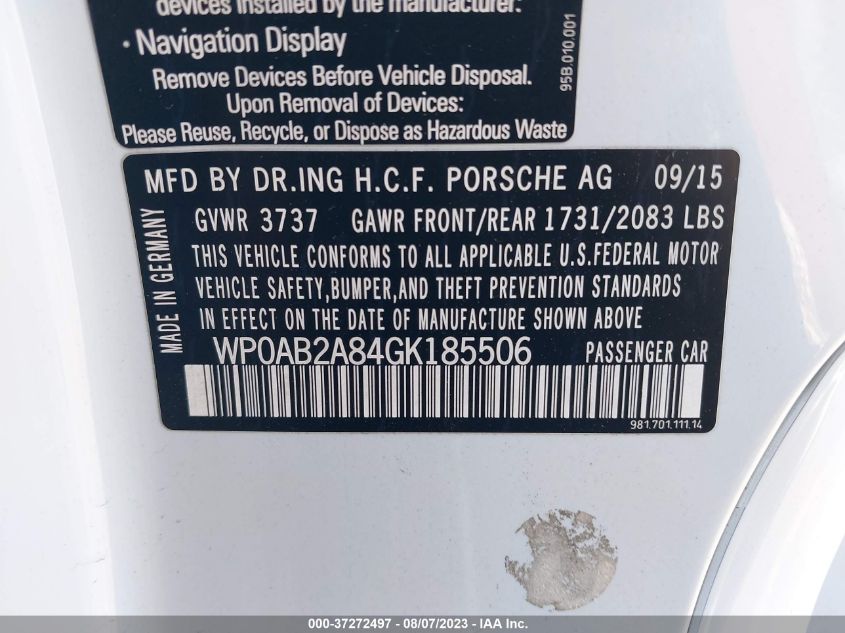 2016 PORSCHE CAYMAN S/GTS WP0AB2A84GK185506