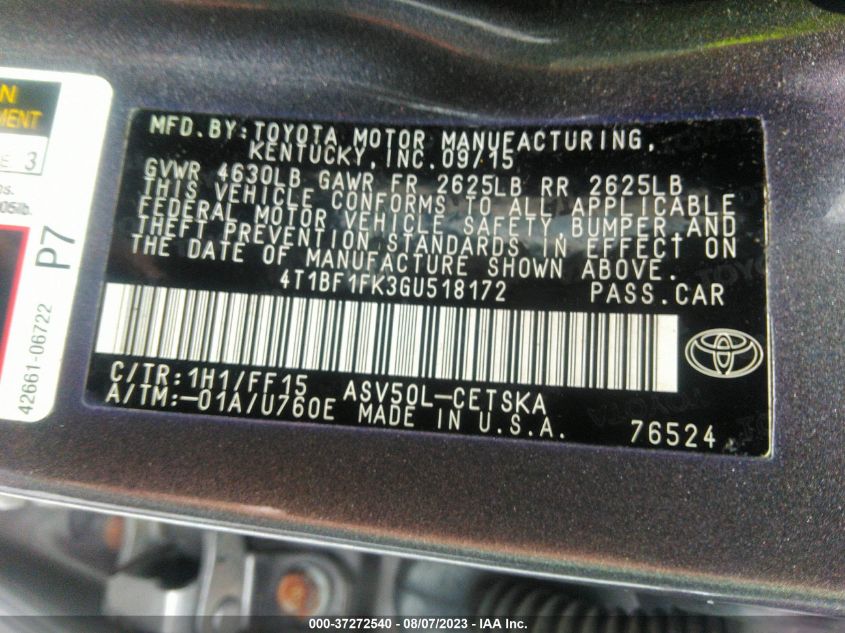 2016 TOYOTA CAMRY XLE/SE/LE/XSE - 4T1BF1FK3GU518172