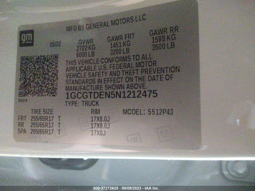 2022 CHEVROLET COLORADO 4WD Z71 - 1GCGTDEN5N1212475