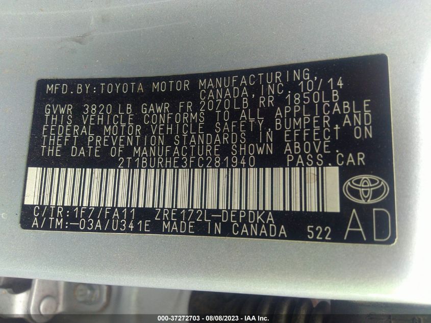 2015 TOYOTA COROLLA L/LE/S/S PLUS/LE PLUS - 2T1BURHE3FC281940