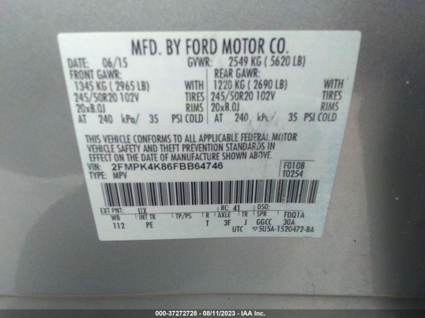 2FMPK4K86FBB64746 2015 FORD EDGE, photo no. 9