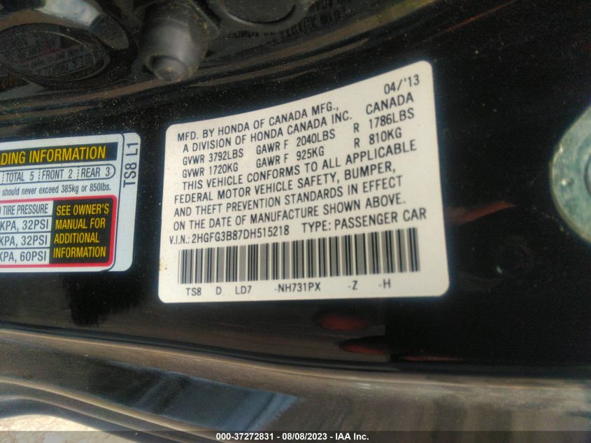 2013 HONDA CIVIC CPE EX - 2HGFG3B87DH515218