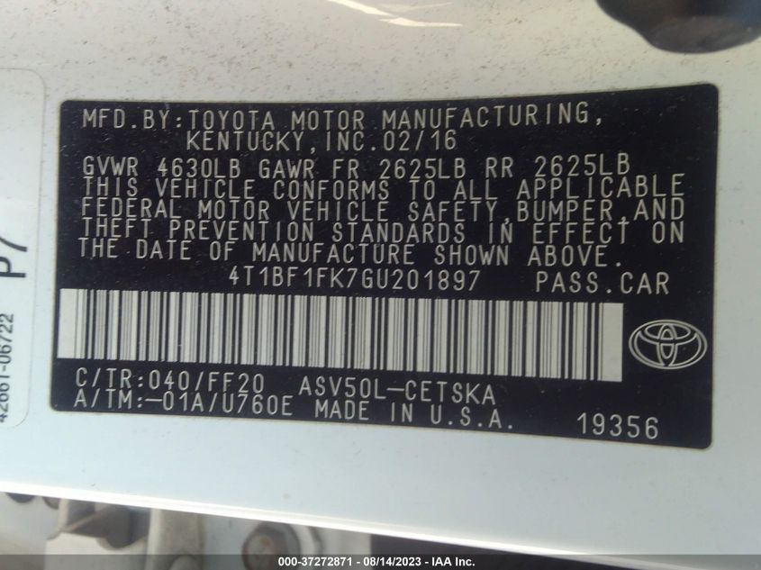 2016 TOYOTA CAMRY XLE/SE/LE/XSE - 4T1BF1FK7GU201897