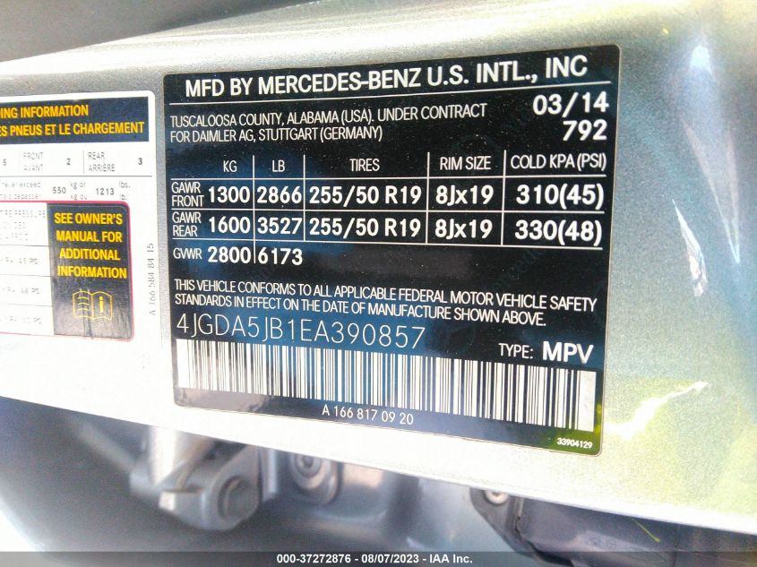 2014 MERCEDES-BENZ M-CLASS ML 350 - 4JGDA5JB1EA390857