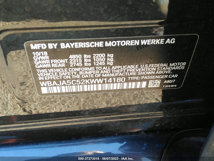 VIN WBAJA5C52KWW14180 2019 BMW 5 SERIES 530I