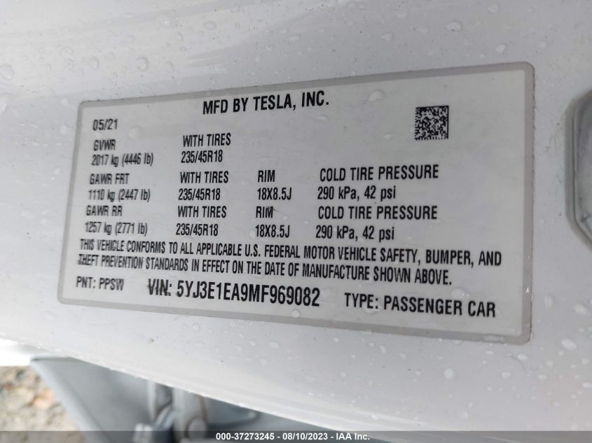 2021 TESLA MODEL 3 STANDARD RANGE PLUS - 5YJ3E1EA9MF969082