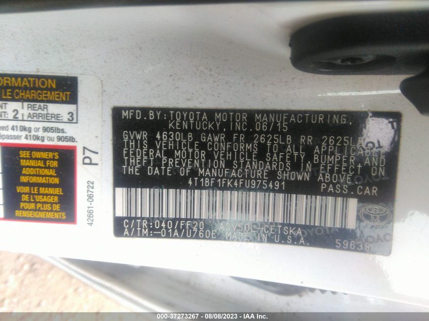 2015 TOYOTA CAMRY XLE/SE/LE/XSE - 4T1BF1FK4FU975491