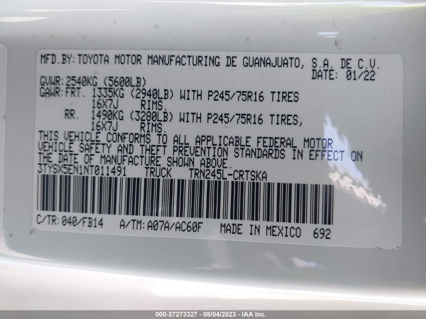 2022 TOYOTA TACOMA 4WD SR/SR5 - 3TYSX5EN1NT011491