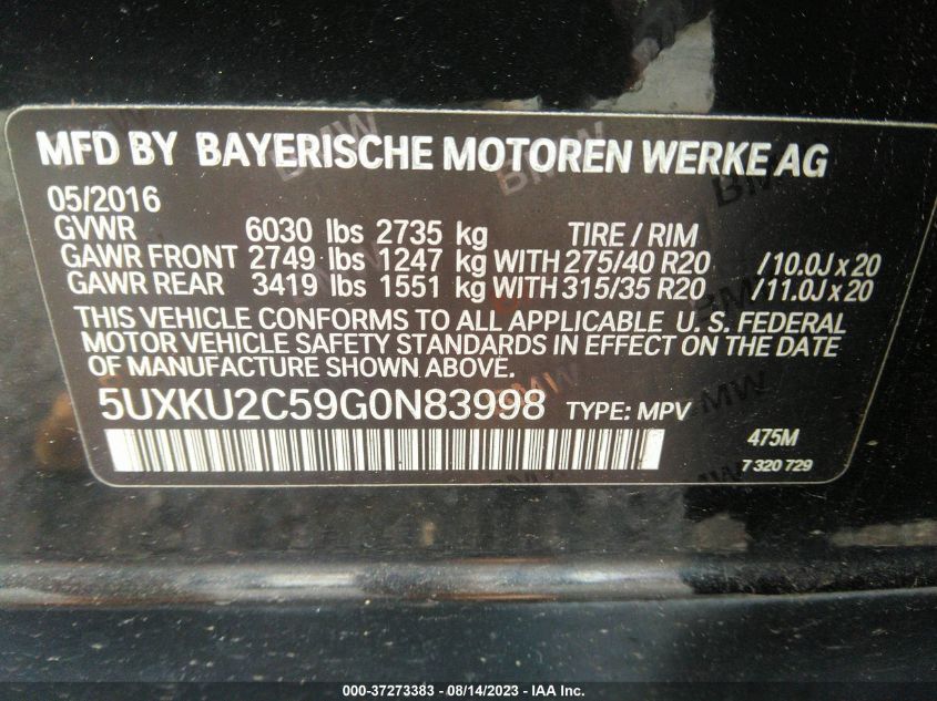 2016 BMW X6 XDRIVE35I - 5UXKU2C59G0N83998