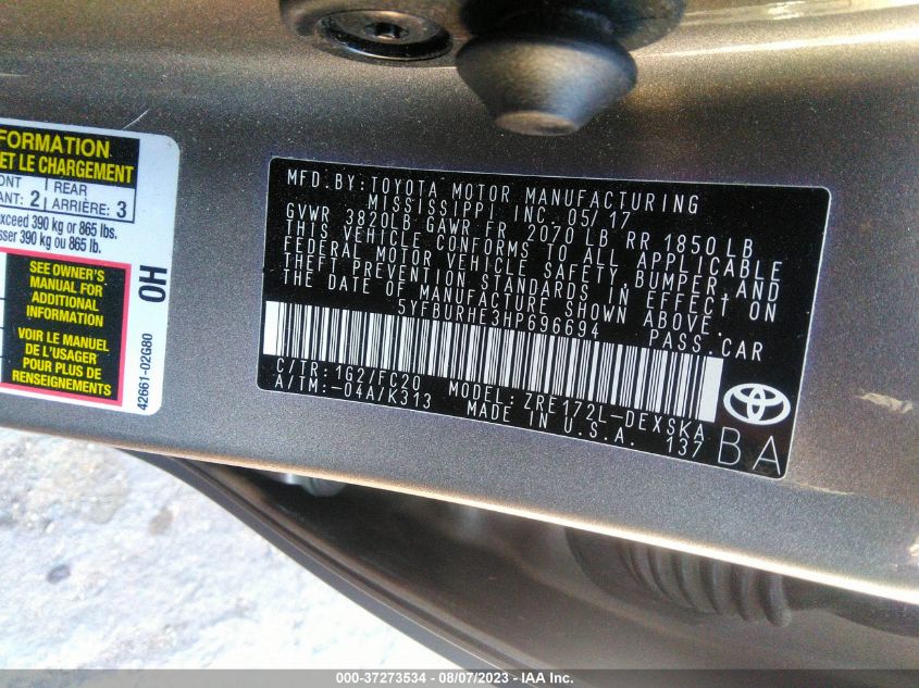 2017 TOYOTA COROLLA L/LE/XLE/SE - 5YFBURHE3HP696694