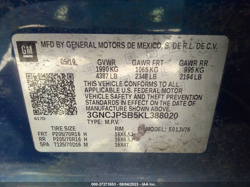 2019 CHEVROLET TRAX LT - 3GNCJPSB5KL388020