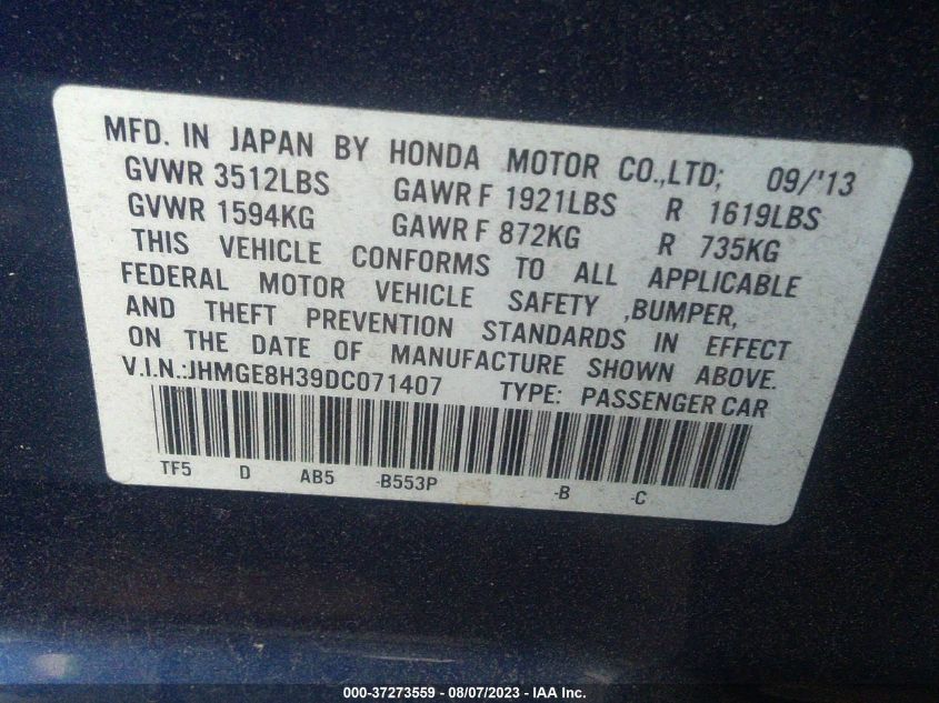 2013 HONDA FIT - JHMGE8H39DC071407